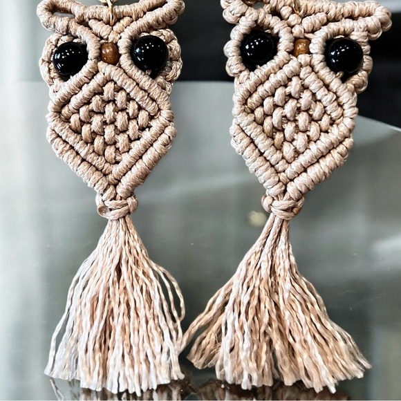 Owl macrame earrings 70s vibes Macrame Wood Hypoallergenic Ear wires Adorable - Picture 10 of 15